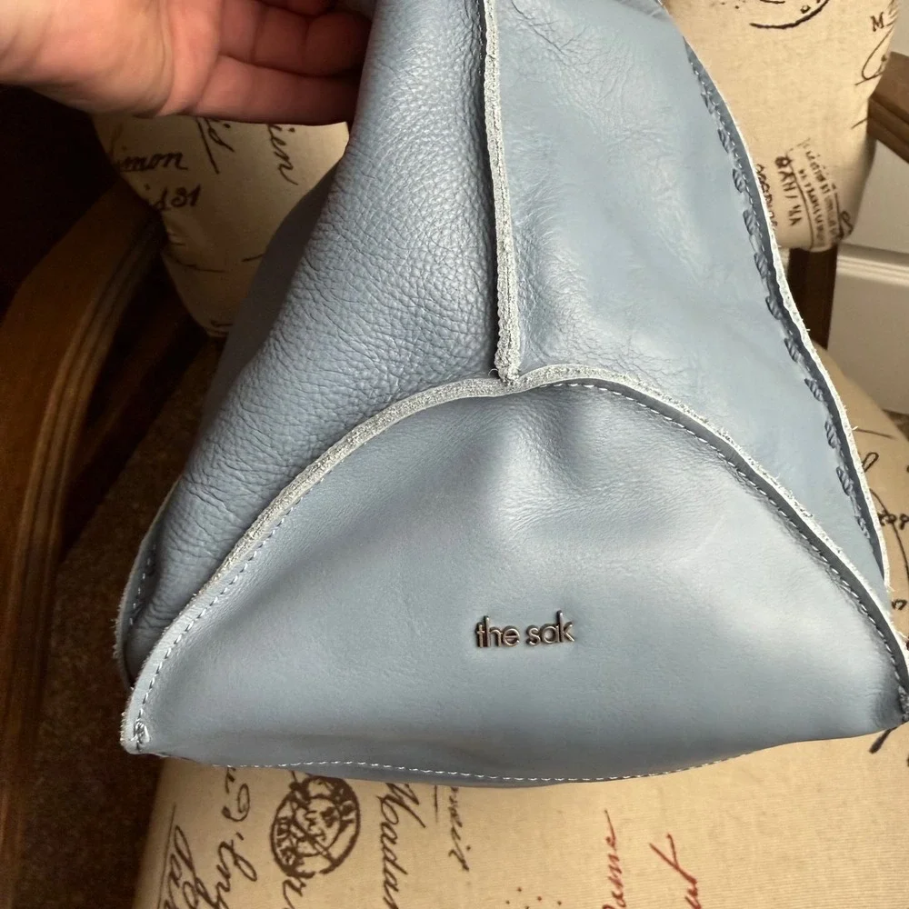 The Sak Los Feliz LG Leather Tote Bag Blue Hobo Brown Strap Slouchy Whipstitch